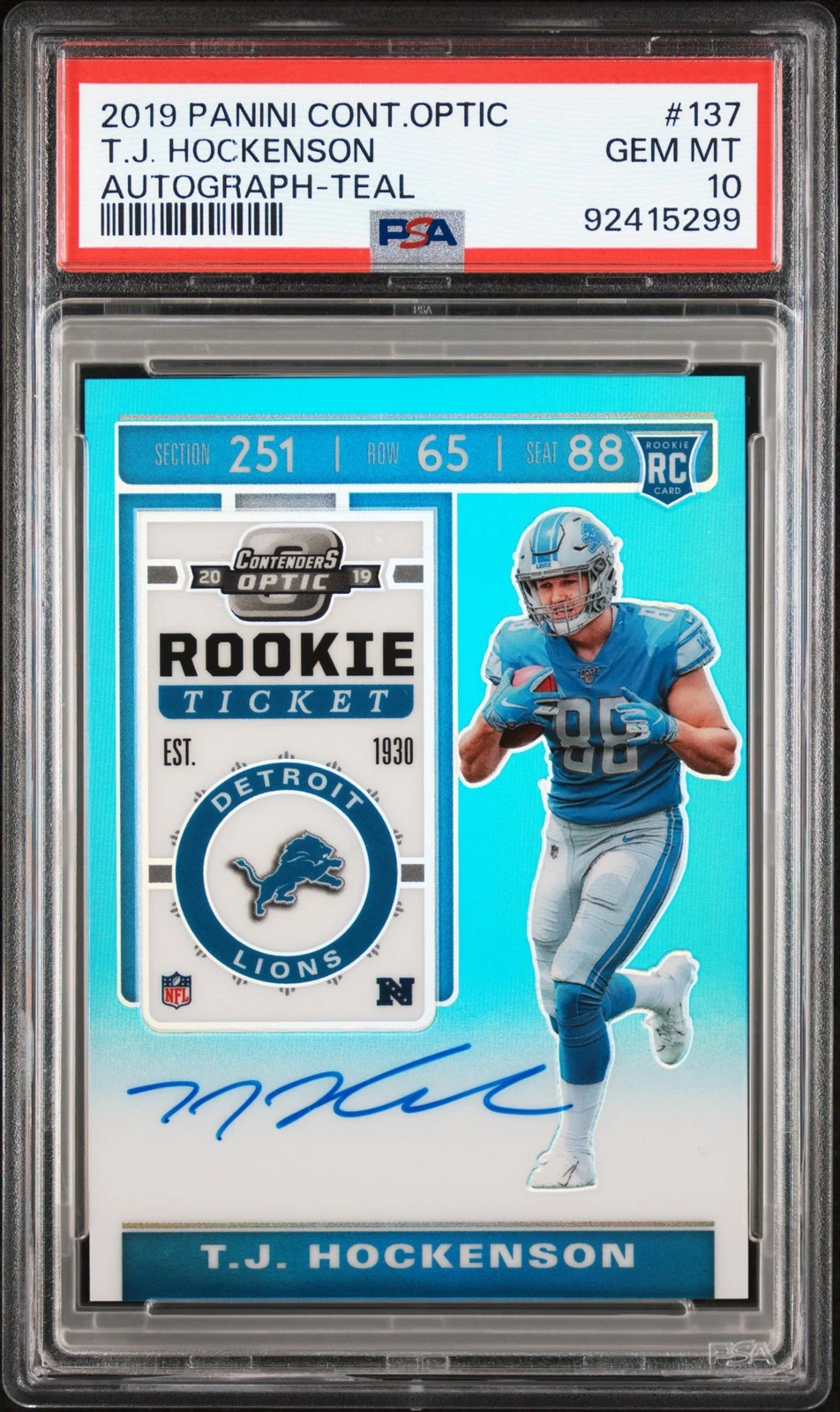 TJ Hockenson Panini Contenders Optic #137 Autograph-Teal
