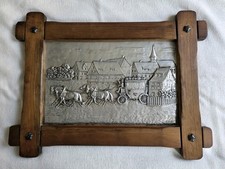 Gro&szlig;es Zinnbild Postkutsche J. M&uuml;ller W. Germany Rustikal Holzrahmen 62x42 cm