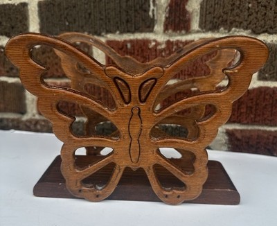 Vintage Wooden Butterfly Napkin Holder or Letter Bill Holder 6  x 7  Retro MCM