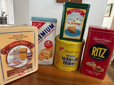 Vintage Tins Including Ritz, Nabisco Crackers, Grape Nuts, Nestle, Wheat & Thins