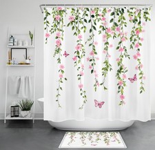 Spring Butterfly Green Leaf Pink Floral Shower Curtain Bathroom Accessories Set