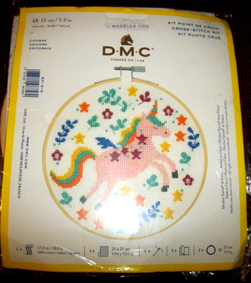 NEW DMC Counted Cross Stitch Kit UNICORN Includes Wood Hoop Frame