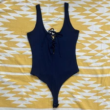 Privacy Please Lace Up Scoop Neck Tank Top Ribbed Bodysuit - Navy Blue - Small