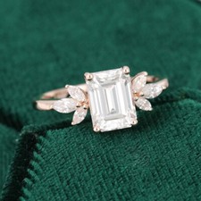 Emerald cut Moissanite engagement rose gold Vermeil vintage Unique wedding ring