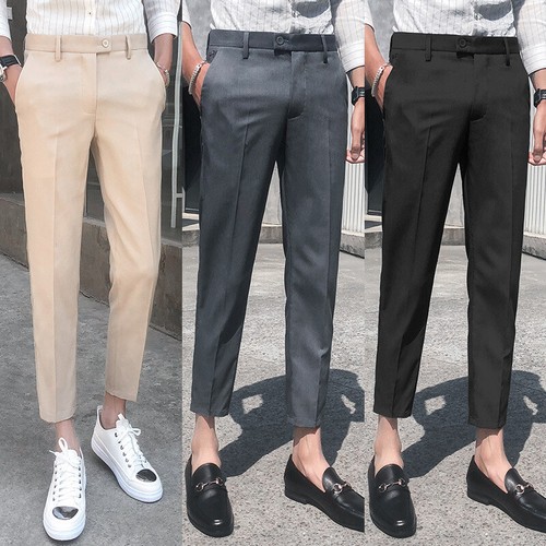 Mens Skinny Pencil Cropped Pant Slim Fit Casual Pants Formal Suit Dress  Trousers | eBay