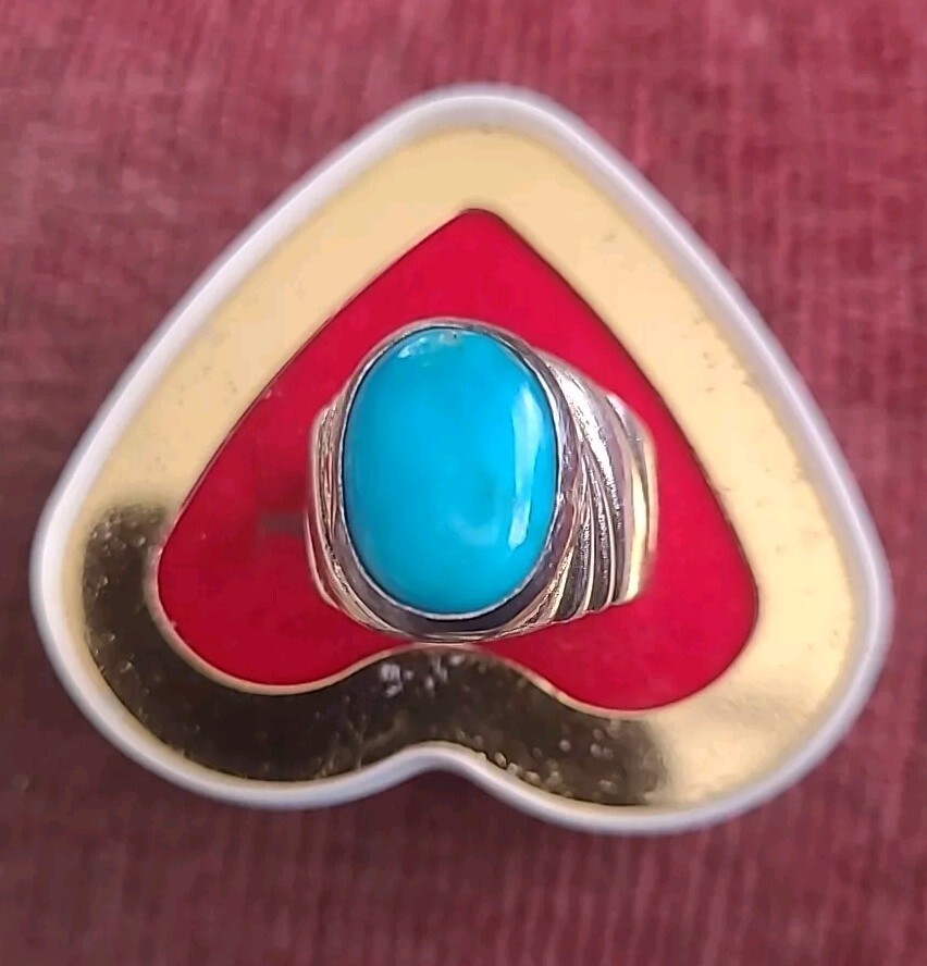 MEN'S TURQOUSE IRANI GENUINE GEMS SILVER RING OVEL, SIZE US UK R