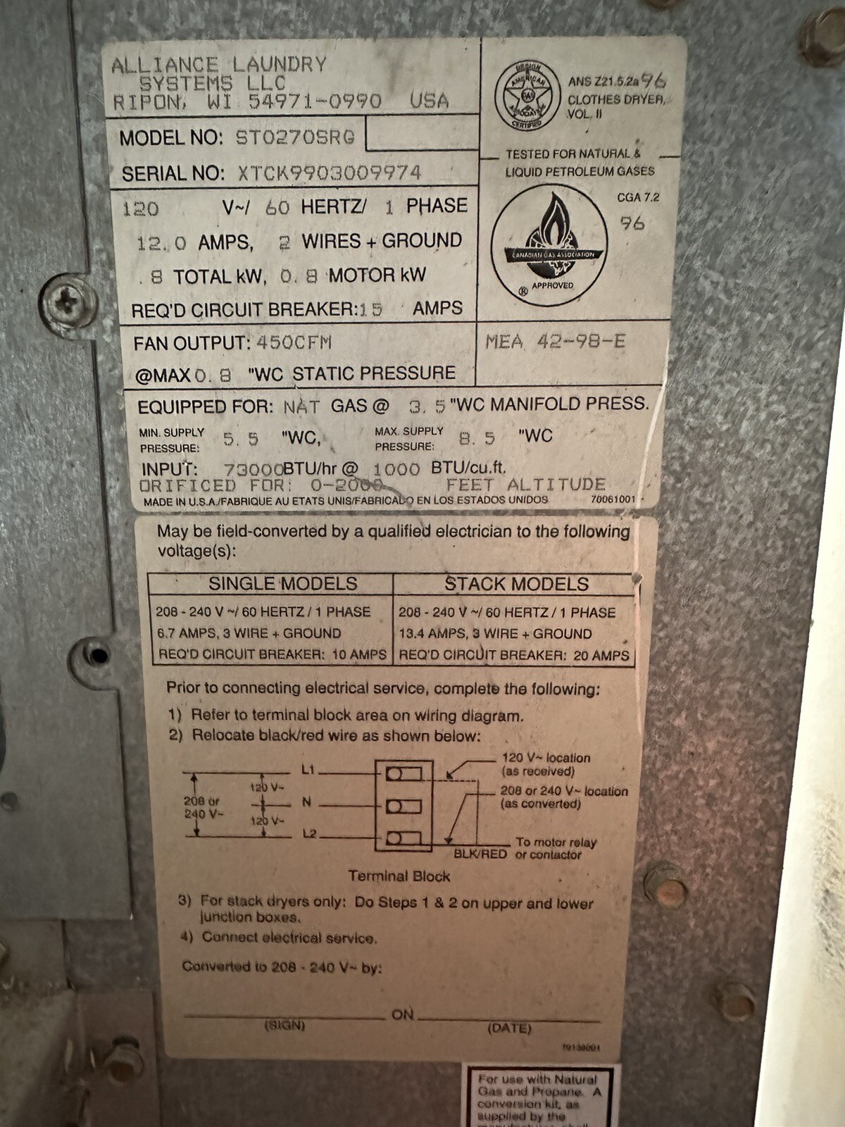 Speed Queen ST0270SRG Commercial Natural Gas Dryer 1 Phase FOR PARTS