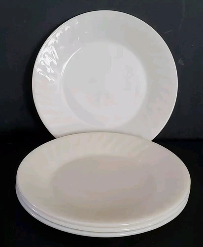 4 Vintage Fire King Oven Ware 9" White Glass Swirl Dinner Plates Ivory Cream
