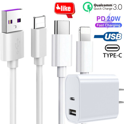 For iPhone 11/12/13/14 Pro Max XR 8 Fast Charger 20W PD Cable Cord Power Adapter