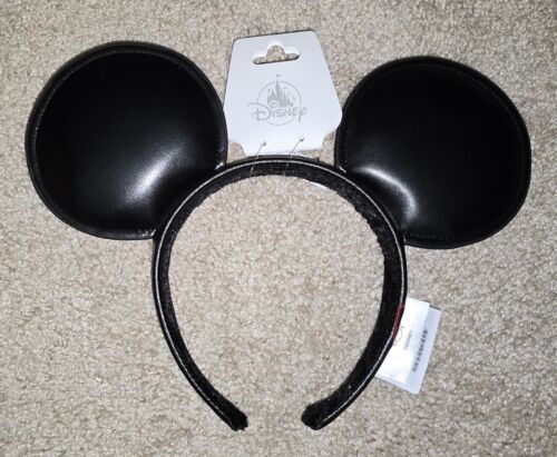 NEW Disney Parks Mickey Mouse Signature Ears Headband Solid Black Faux Leather - Picture 1 of 4