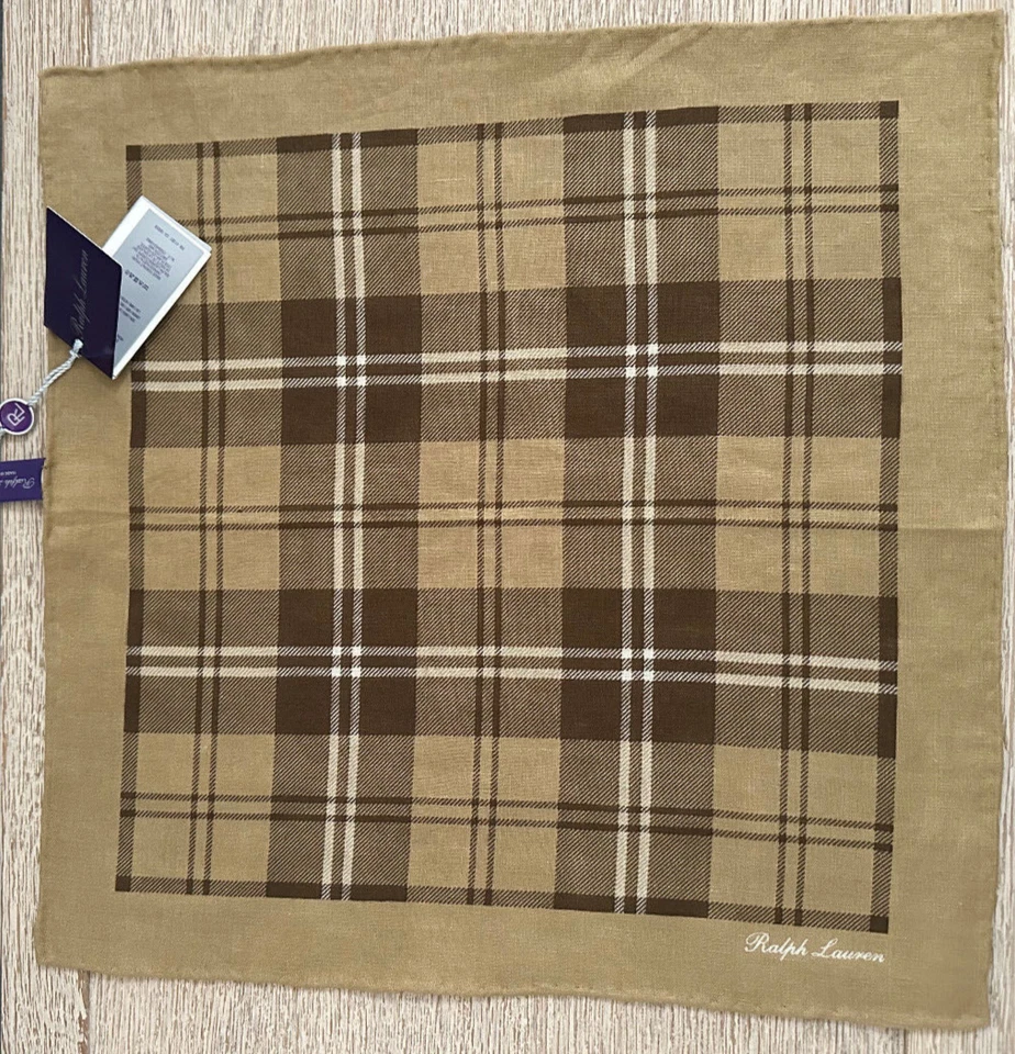Ralph Lauren Purple Label Pocket Square Tan Brown Plaid 100% Linen Italy $165 - Image 3 of 4