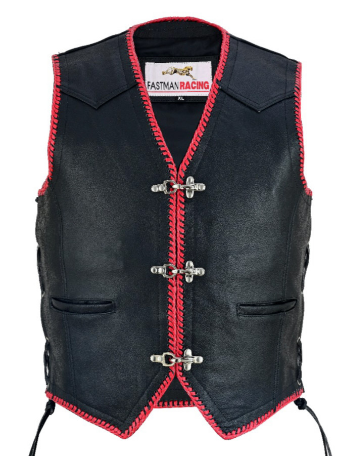 Motocicleta Chaleco Cuero Hábito Motorista Chopper Roquero Negro/Rojo Club