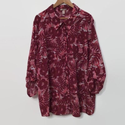 White Stag Top Women's 3X 22W 24W Red Pink Floral Roll Tab Sleeve