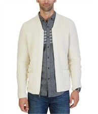 Nautica Mens Shawl Collar Zipped Cardigan Sweater, Off White, Small