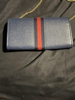 Gucci Blue Red Stripe GG Logo Small Wallet on Chain Shoulder Bag Gold Chain