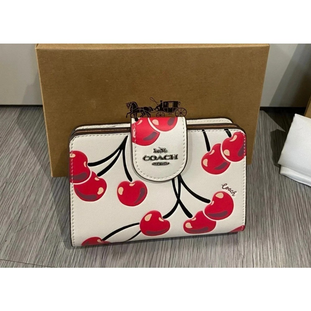 Coach Medium Corner Zip Wallet With Cherry Print Chalk Multi CZ762 with Box