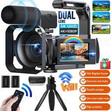   Video Camera, 5K Dual Lens Camcorder 56MP 25FPS UHD WiFi Vlogging Camera 64GB