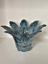 Vtg Lavorazione Arte Murano Italy Hand Blown Blue Swirl Petal Glass Bowl Vase