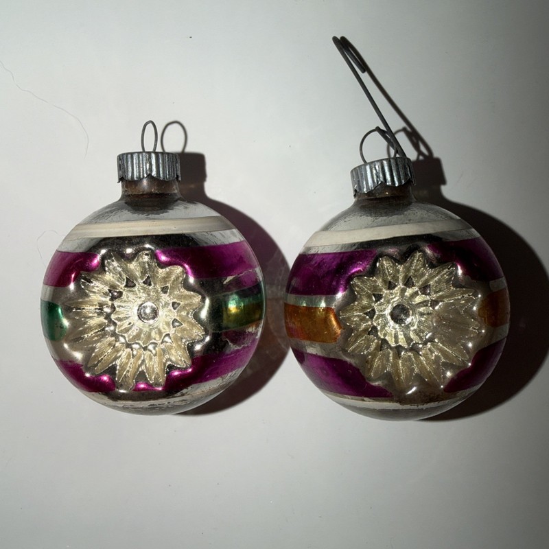 Double Indent Ornaments Lot 2 Striped Christmas Orn Vintage Shiny Brite