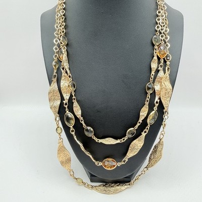 Charming Charlie Gold Tone Multi-Strand Necklace w/ Rhinestones & Leaves 20 