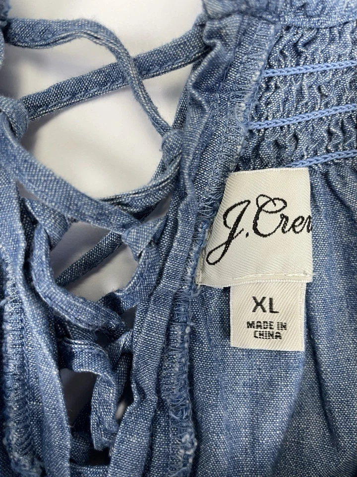 J.Crew Smocked Neck Puff Sleeve Denim Chambray Dress Pockets Missing Belt XL - Image 3 of 4