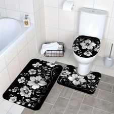 3pcs Black And White Floral Bathroom Rug Set, Flannel Bathroom Mat, Non-Slip, Ma