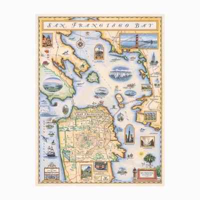 Xplorer Maps San Francisco Bay Hand-Drawn Map   24x18 Vintage-Style Lithog