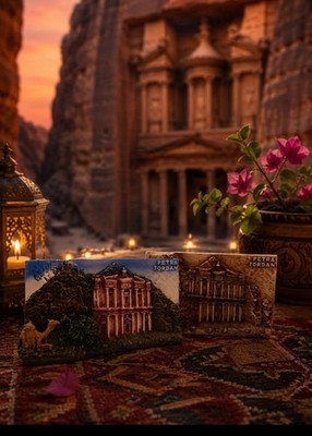 ''A table display featuring Petra souvenir stands, with the iconic Treasury