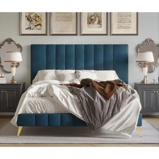 Navy Blue Velvet Upholstered Full Panel Bed with Gold Metal Legs