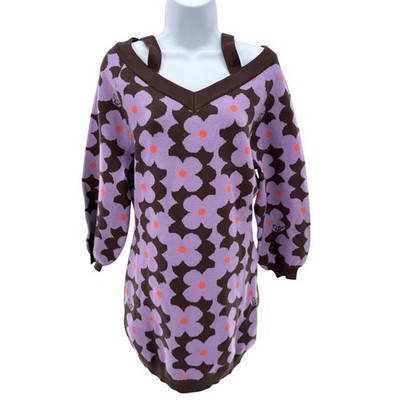 Lyn Around Floral Knit Sweater Dress S Purple Brown Off Shoulder Retro Y2K