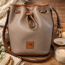 Dooney Bourke Womens Pebble Grain Small Drawstring Bucket Bag - Taupe