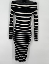 Madden Girl Off Shoulder Ribbed Sweater Dress Black White Stripe NWT Large