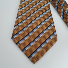 Van Heusen Mens Necktie Silk Bronze Gold Blue Geometric Diagonal Plaid 3.75"