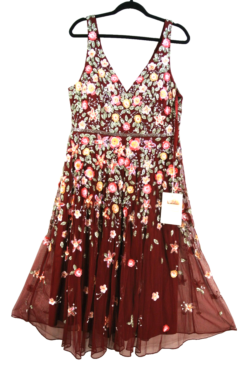 mac duggal cocktail floral embroidered tulle midi-dress Ivory Floral Embroidered Sweetheart Neckline Midi Dress