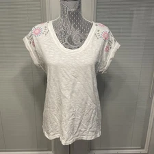 NWOT Talbots White Embroidered T-shirt Tee Top 100% Slubbed Cotton Pullover Sz S