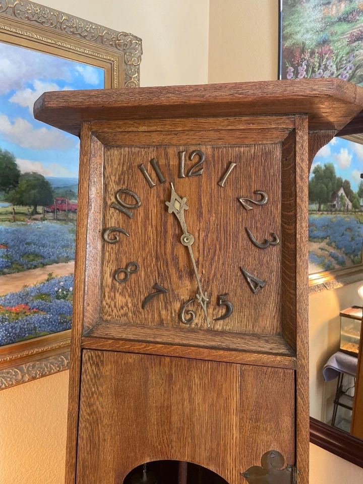 HUGE ANTIQUE MISSION STICKLEY GRANDFATHER TALL CASE CLOCK NEW HAVEN SERVICED - Image 2 of 4