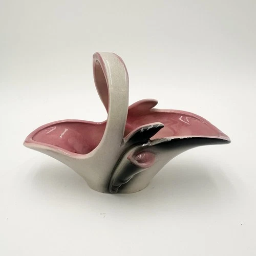 Vintage Hull 56 Art Pottery Basket Vase Dish MCM Gray Pink