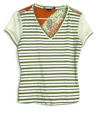 Yansi Fugel Women’s V-Neck Striped Floral T-Shirt Top Size Medium 