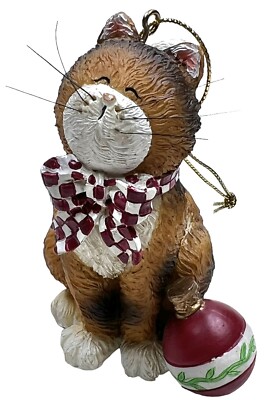 Festive Cat Christmas Ornament By Deb Strain Brown Kitty With Red Check Bow 3.5 