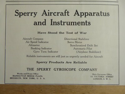 2/1919 PUB SPERRY AIRCRAFT INSTRUMENTS COMPASS GYRO ALTIMETER ORIGINAL AD