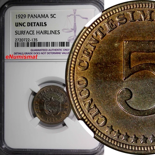 Panama 1929 5 Centesimos NGC UNC DET Toned Mintage-500,000 2 YEARS TYPE KM# 9(5)