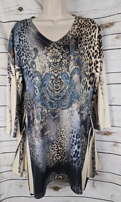 Jess & Jane Animal Print Studded Top L Art to Wear Microfiber Tunic Womens Bling