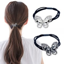 2Pcs Elegant Women Hair Scrunchies Crystal Butterfly Hair Ties Bands Accessories