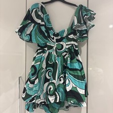 swirl one shoulder ruffle dress blue green asos luxe size 10 brand new