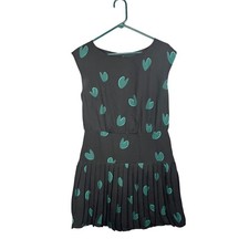 LOFT Mini Dress Womens Sz 8 Black Green Heart Print Pleated Fit Flare Sleeveless