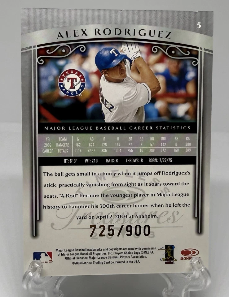 2003 Donruss Timeless Treasures Alex Rodriguez #5 /900 Texas Rangers HOF - Image 2 of 2