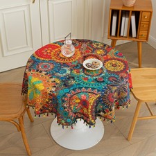 Erbnaryx Boho Tablecloth 60" Round Table Cover Fringed Geometric Farmhouse