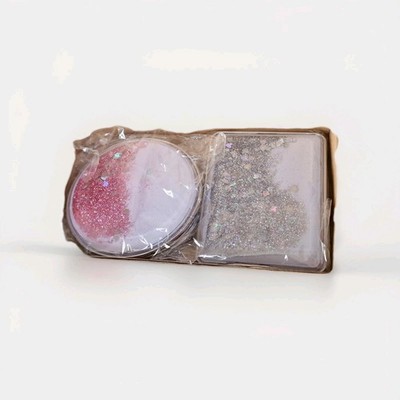 Rosa & Grau 2tlg Kompakt Spiegel Set Kreis + Rechteck Schwebend Glitzer Geschenk Neu
