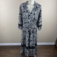 Chicos Paisley Crochet Detail Black White Long Sleeve Maxi Dress Women’s 12P