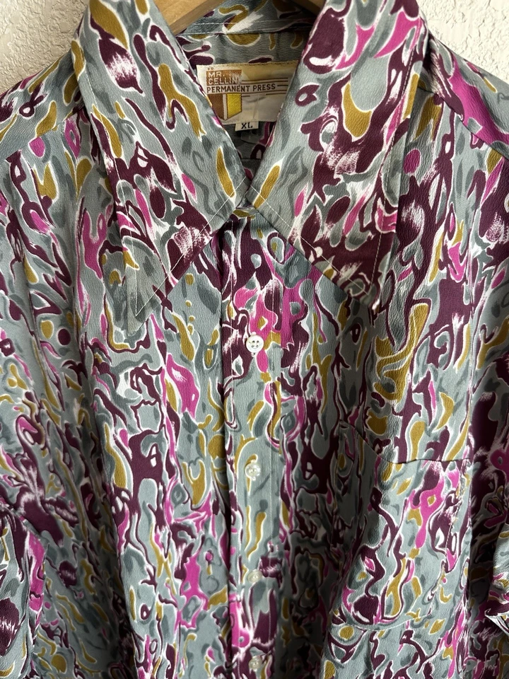 Camisa discoteca floral vintage años 70’s Mr Cellini prensa permanente para hombre talla XL Foto 3 de 4